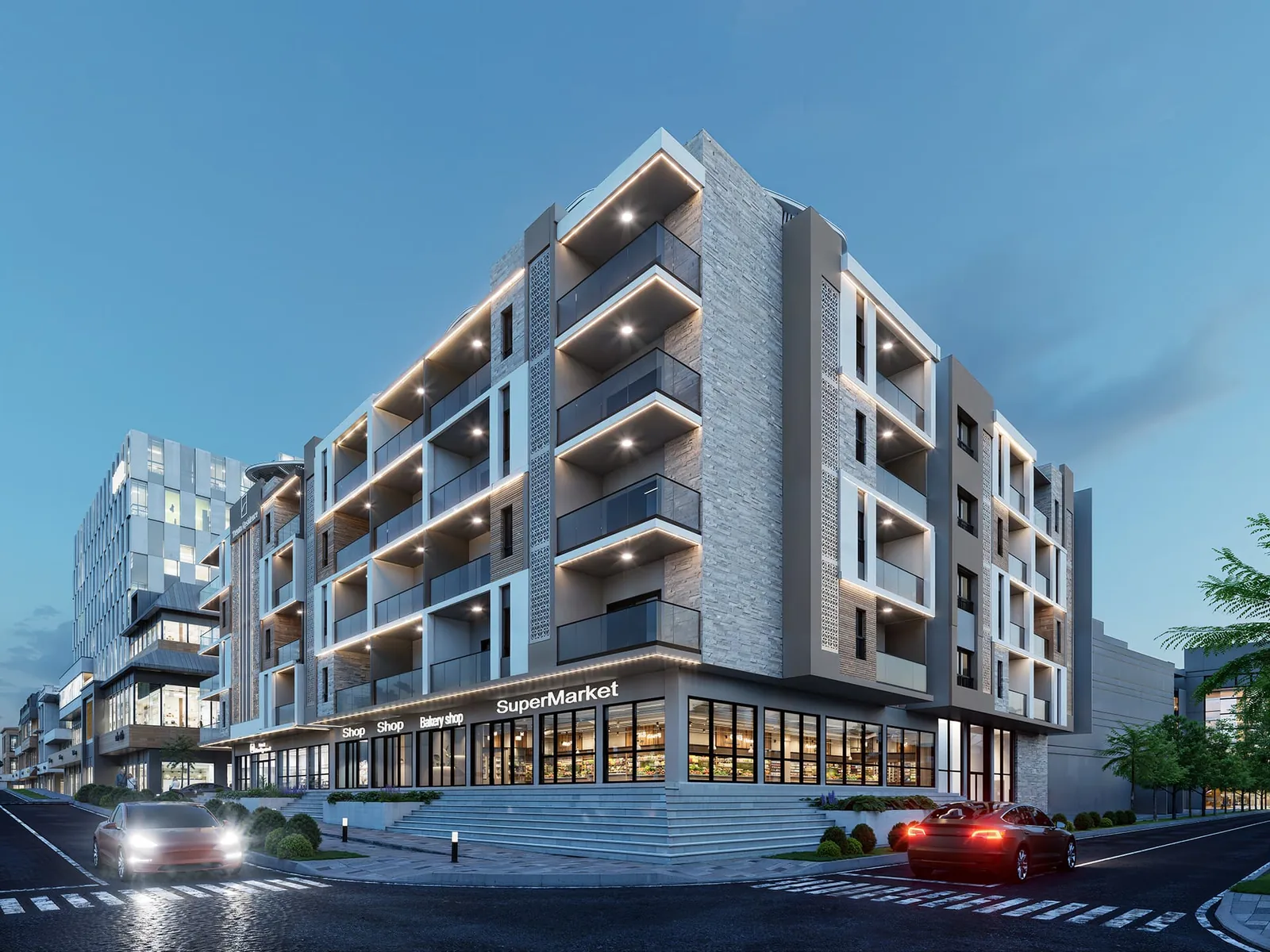 Trenta Residence corner facade with ground-floor commercial space