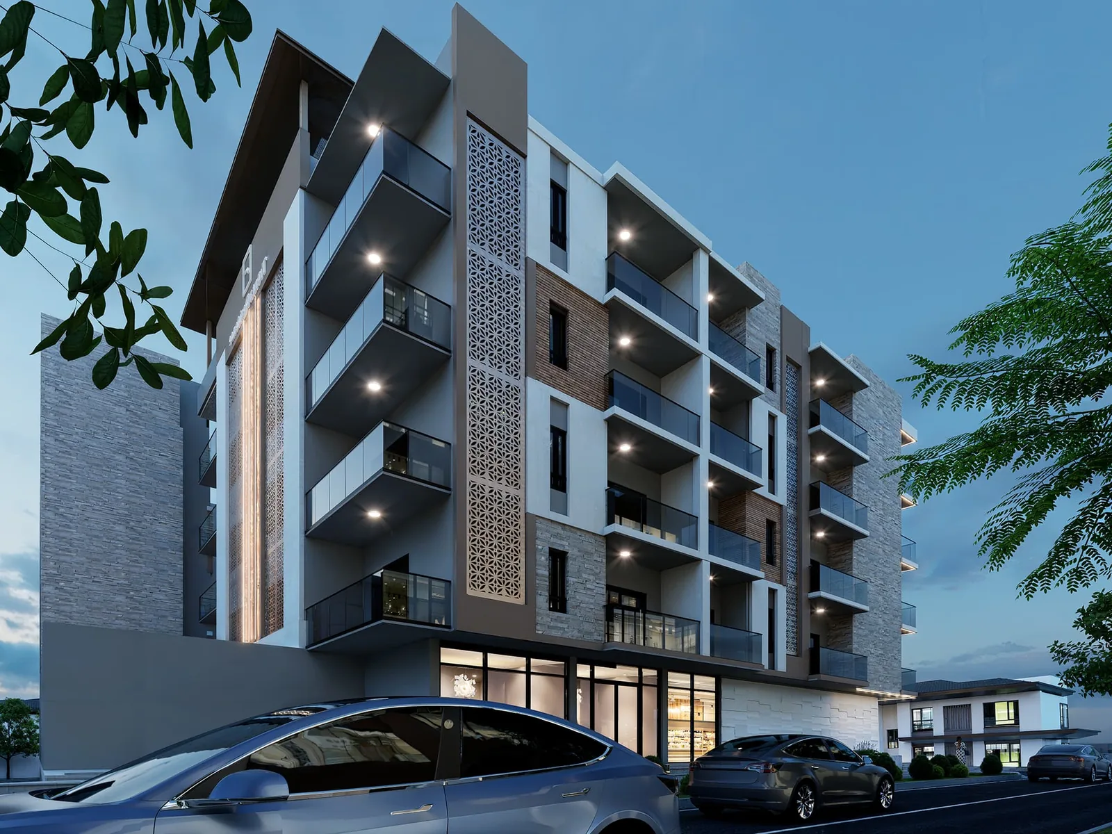Trenta Residence apartment exterior at dusk