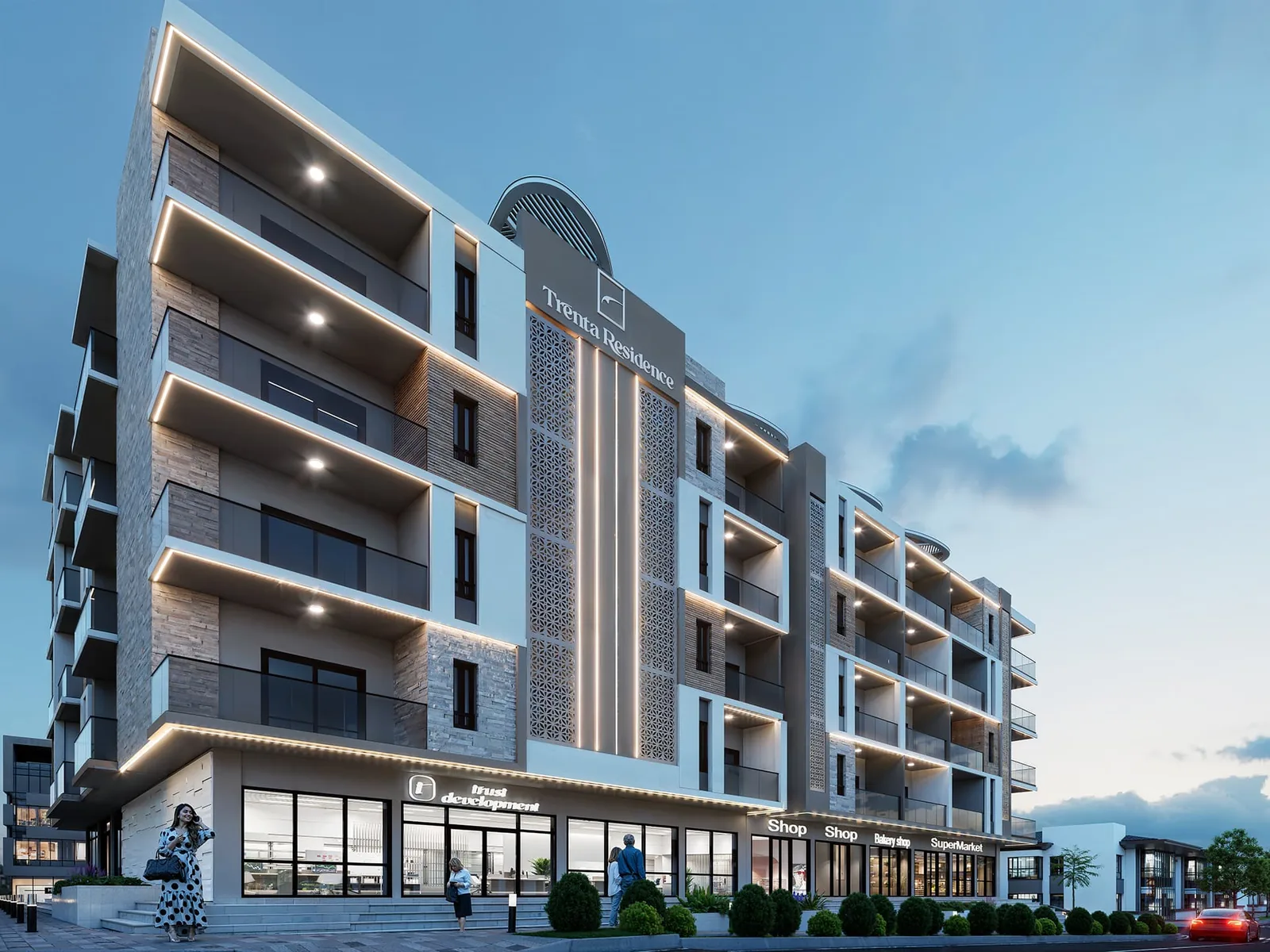 Trenta Residence front elevation and retail frontage at dusk